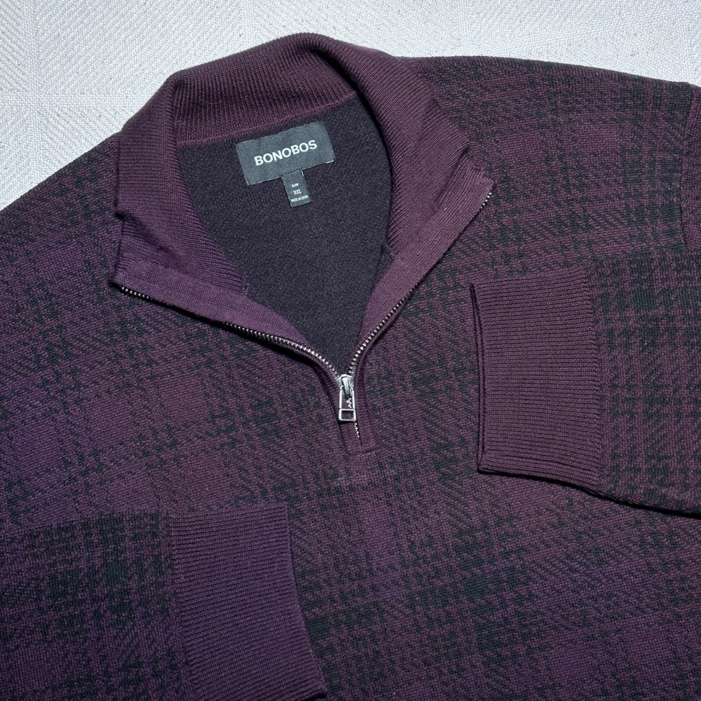 Bonobos 1/4 Zip Sweater Mens 2XL Slim Extra Fine Merino Wool Glen Plaid Purple